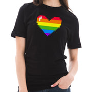 Pixel Rainbow Heart Graphic Design Short Sleeve Cotton Jersey T-Shirt