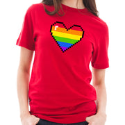 Pixel Rainbow Heart Graphic Design Short Sleeve Cotton Jersey T-Shirt