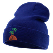 Sunset And Palm Trees Embroidered 12 Inch Long Knitted Beanie