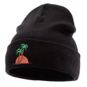 Sunset And Palm Trees Embroidered 12 Inch Long Knitted Beanie