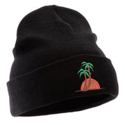 Sunset And Palm Trees Embroidered 12 Inch Long Knitted Beanie