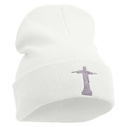Christ the Redeemer Embroidered 12 Inch Long Knitted Beanie - White OSFM