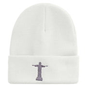 Christ the Redeemer Embroidered 12 Inch Long Knitted Beanie - White OSFM
