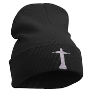 Christ the Redeemer Embroidered 12 Inch Long Knitted Beanie - Black OSFM