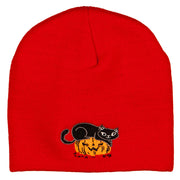 Halloween Cat and Pumpkin Embroidered Knitted Short Beanie