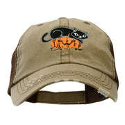 Halloween Cat and Pumpkin Embroidered Low Profile Cotton Mesh Cap