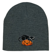 Halloween Cat and Pumpkin Embroidered Knitted Short Beanie