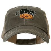 Halloween Cat and Pumpkin Embroidered Low Profile Cotton Mesh Cap