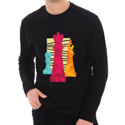 Chess Pieces with Textured Background Graphic Long Sleeve Crewneck Tee - Black XS