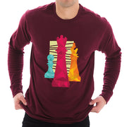 Chess Pieces with Textured Background Graphic Long Sleeve Crewneck Tee - Burgundy XS