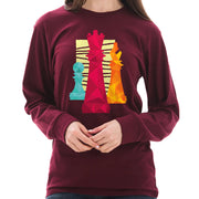 Chess Pieces with Textured Background Graphic Long Sleeve Crewneck Tee - Burgundy XS