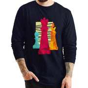 Chess Pieces with Textured Background Graphic Long Sleeve Crewneck Tee - Navy XS