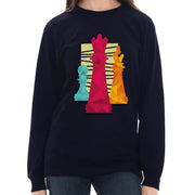 Chess Pieces with Textured Background Graphic Long Sleeve Crewneck Tee - Navy XS