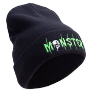 Skull Monster Embroidered 12 Inch Long Knitted Beanie - Black OSFM