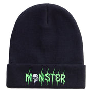 Skull Monster Embroidered 12 Inch Long Knitted Beanie - Black OSFM