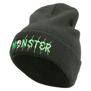 Skull Monster Embroidered 12 Inch Long Knitted Beanie - Dk-Grey OSFM