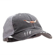 Steer Horns Embroidered Frayed Mesh Cap