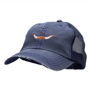 Steer Horns Embroidered Frayed Mesh Cap