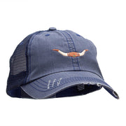 Steer Horns Embroidered Frayed Mesh Cap