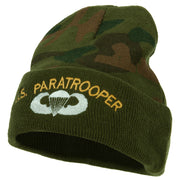 US Army Paratrooper Logo Embroidered Camo Knit Long Cuff Beanie