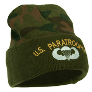 US Army Paratrooper Logo Embroidered Camo Knit Long Cuff Beanie