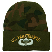 US Army Paratrooper Logo Embroidered Camo Knit Long Cuff Beanie