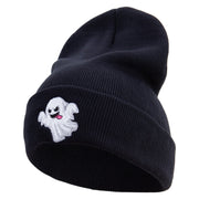 White Ghost Embroidered 12 Inch Long Knitted Beanie - Black OSFM