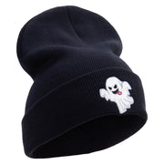 White Ghost Embroidered 12 Inch Long Knitted Beanie - Black OSFM