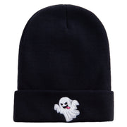 White Ghost Embroidered 12 Inch Long Knitted Beanie - Black OSFM