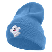 White Ghost Embroidered 12 Inch Long Knitted Beanie - Sky-Blue OSFM