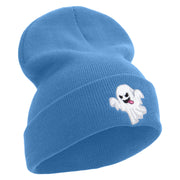 White Ghost Embroidered 12 Inch Long Knitted Beanie - Sky-Blue OSFM