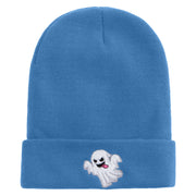 White Ghost Embroidered 12 Inch Long Knitted Beanie - Sky-Blue OSFM