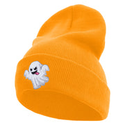 White Ghost Embroidered 12 Inch Long Knitted Beanie - Yellow OSFM