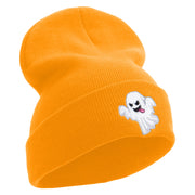 White Ghost Embroidered 12 Inch Long Knitted Beanie - Yellow OSFM