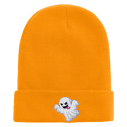 White Ghost Embroidered 12 Inch Long Knitted Beanie - Yellow OSFM