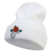 Pumpkin Ghost Flying Embroidered 12 Inch Long Knitted Beanie - White OSFM