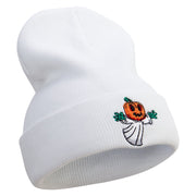 Pumpkin Ghost Flying Embroidered 12 Inch Long Knitted Beanie - White OSFM