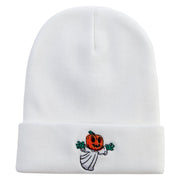 Pumpkin Ghost Flying Embroidered 12 Inch Long Knitted Beanie - White OSFM