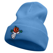 Pumpkin Ghost Flying Embroidered 12 Inch Long Knitted Beanie - Sky-Blue OSFM