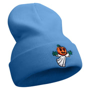 Pumpkin Ghost Flying Embroidered 12 Inch Long Knitted Beanie - Sky-Blue OSFM