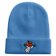 Pumpkin Ghost Flying Embroidered 12 Inch Long Knitted Beanie - Sky-Blue OSFM