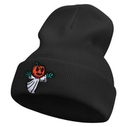 Pumpkin Ghost Flying Embroidered 12 Inch Long Knitted Beanie - Black OSFM