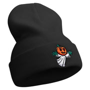 Pumpkin Ghost Flying Embroidered 12 Inch Long Knitted Beanie - Black OSFM