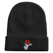 Pumpkin Ghost Flying Embroidered 12 Inch Long Knitted Beanie - Black OSFM