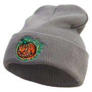 Fire Pumpkin Embroidered 12 inch Acrylic Cuffed Long Beanie - Grey OSFM