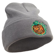 Fire Pumpkin Embroidered 12 inch Acrylic Cuffed Long Beanie - Grey OSFM