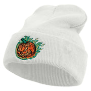 Fire Pumpkin Embroidered 12 inch Acrylic Cuffed Long Beanie - White OSFM