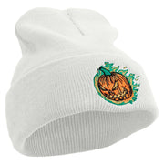 Fire Pumpkin Embroidered 12 inch Acrylic Cuffed Long Beanie - White OSFM