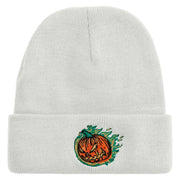 Fire Pumpkin Embroidered 12 inch Acrylic Cuffed Long Beanie - White OSFM