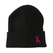 Breast Cancer Ribbon Embroidered Cuff Beanie